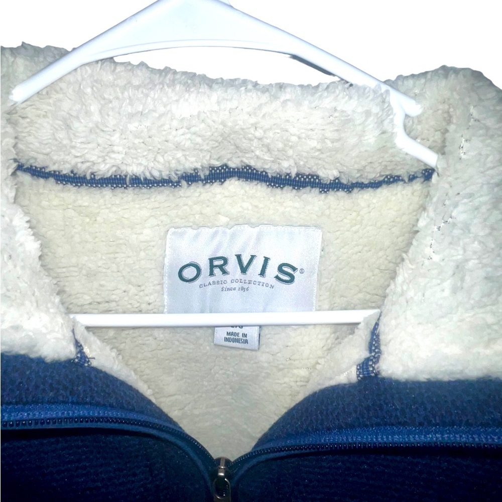 Orvis Sherpa Fleece Lined 1/4 Zip Pullover with Pockets Blue & White Size Large - Picture 7 of 12